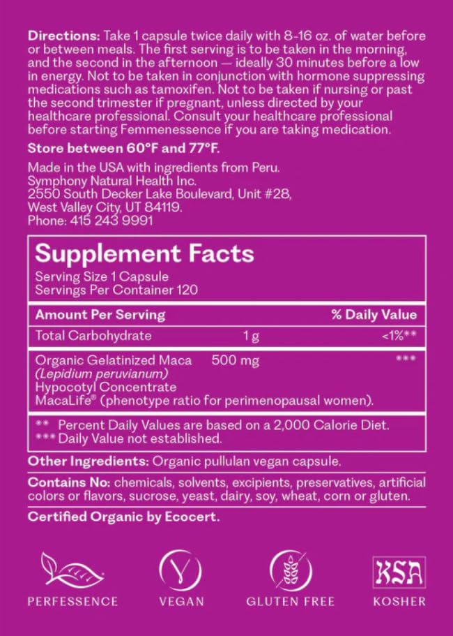 Label for Femmenessence MacaLife showing organic certification and purity