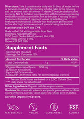 Label for Femmenessence MacaLife showing organic certification and purity