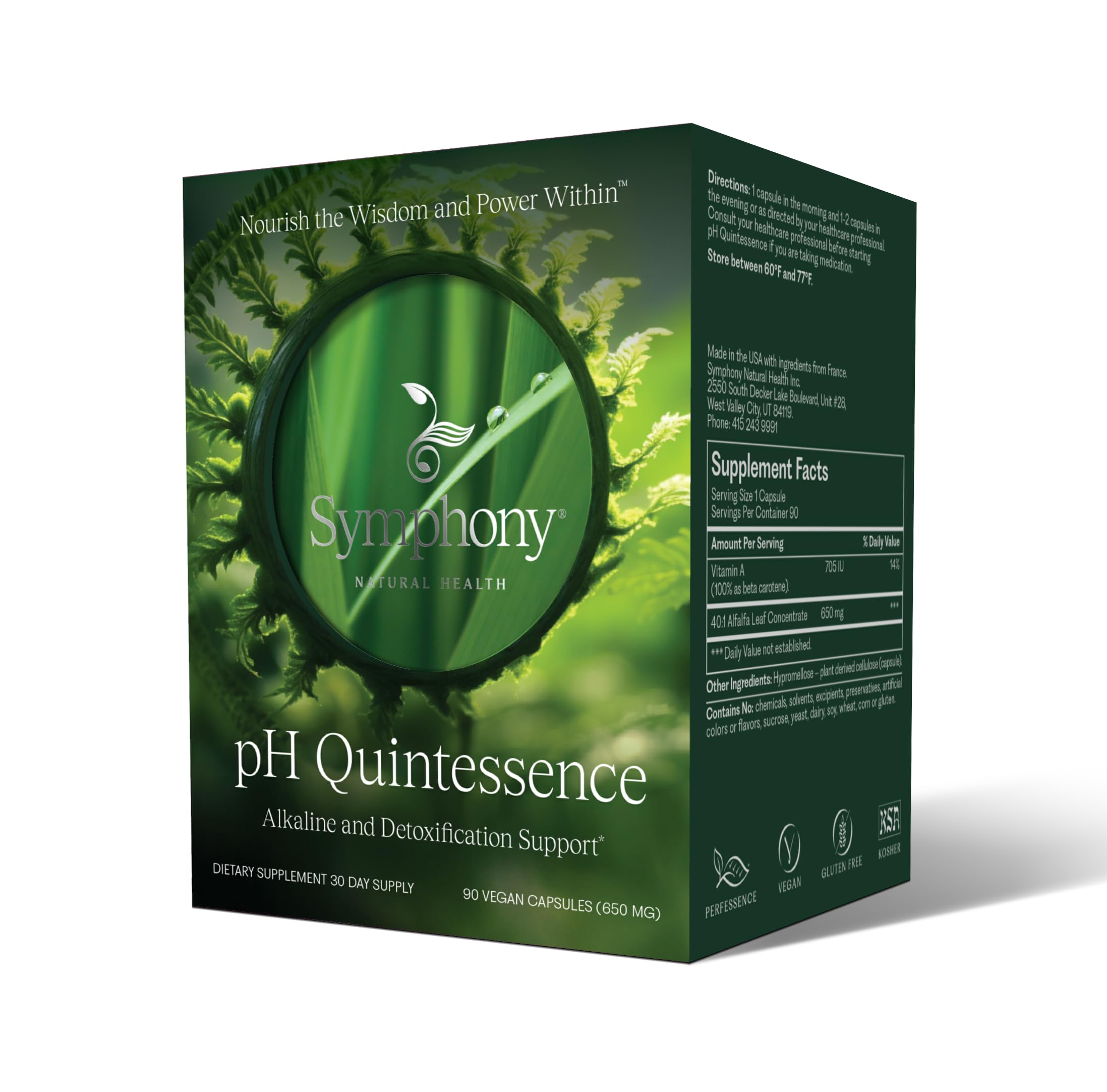 Natural Health International pH Quintessence blister pack shows vegan, non-GMO greens