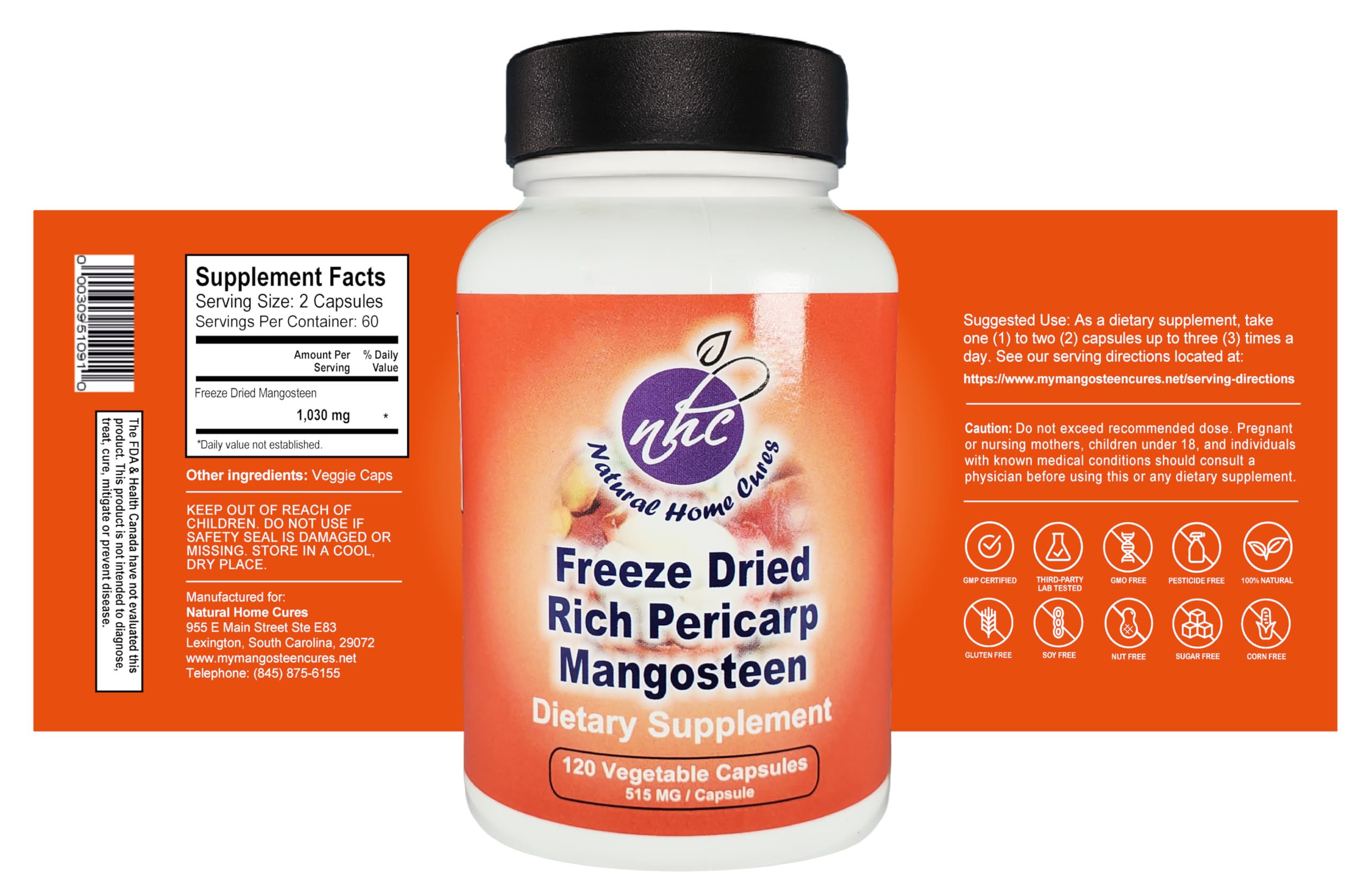 Natural Home Cures mangosteen pericarp bottle closeup shows capsule texture for easy swallowing