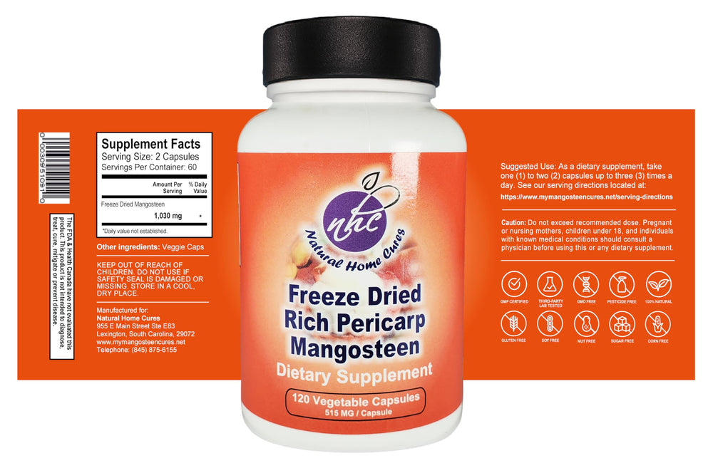 Natural Home Cures mangosteen pericarp bottle closeup shows capsule texture for easy swallowing