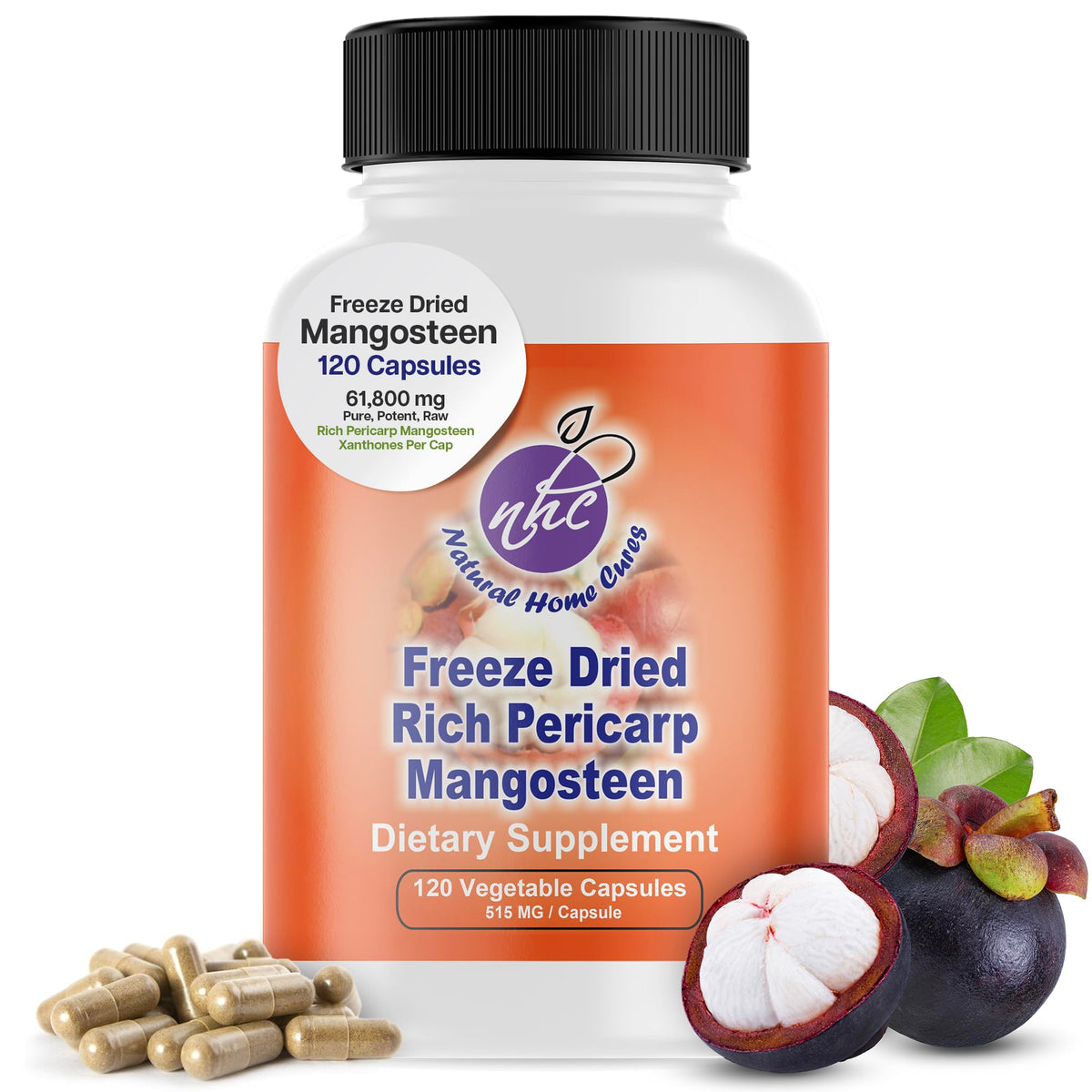 Natural Home Cures mangosteen pericarp bottle front shows premium organic capsules