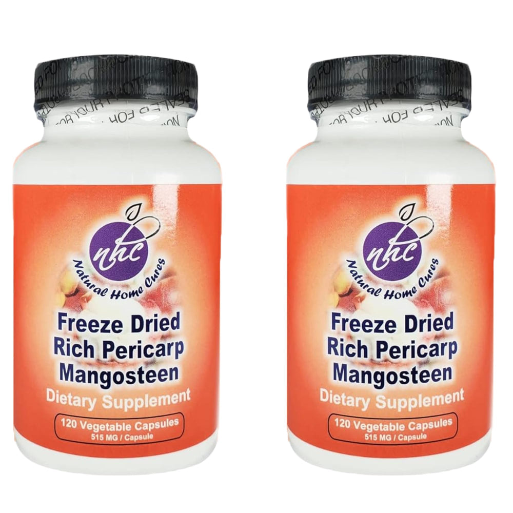 Natural Home Cures mangosteen pericarp capsules bottle highlights premium packaging for quality supplements.