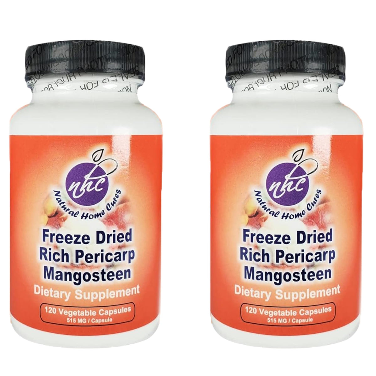 Natural Home Cures mangosteen pericarp capsules bottle highlights premium packaging for quality supplements.