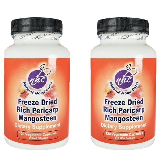 Natural Home Cures mangosteen pericarp capsules bottle highlights premium packaging for quality supplements.
