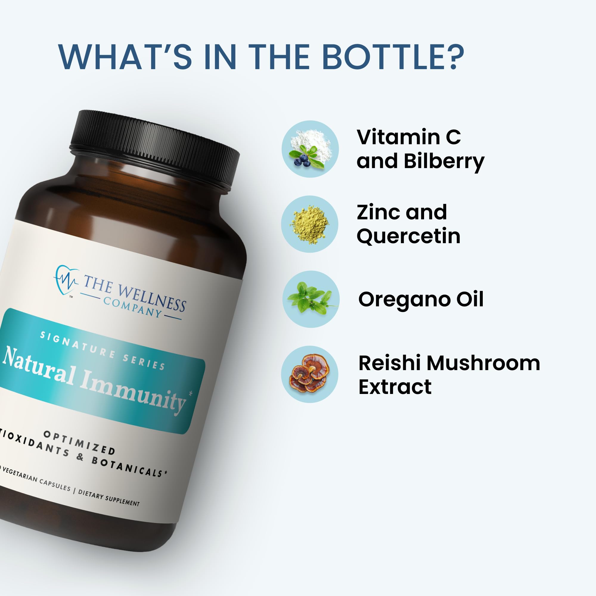 Zinc, Vitamin C, and Quercetin icons representing nutrient-supported cellular function