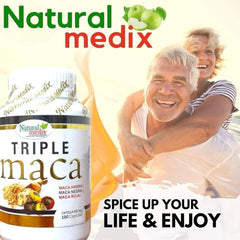 Natural Medix Triple Maca packaging display highlights quality.