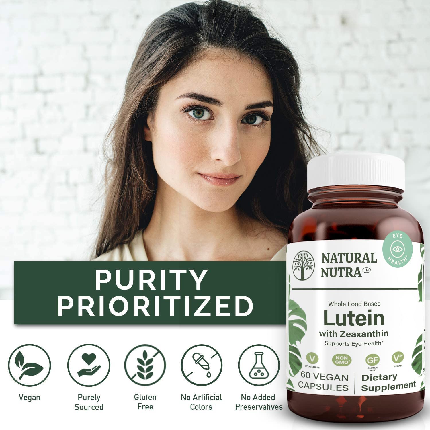 Natural Nutra amber glass bottle packaging emphasizing purity and recyclability