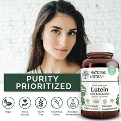 Natural Nutra amber glass bottle packaging emphasizing purity and recyclability