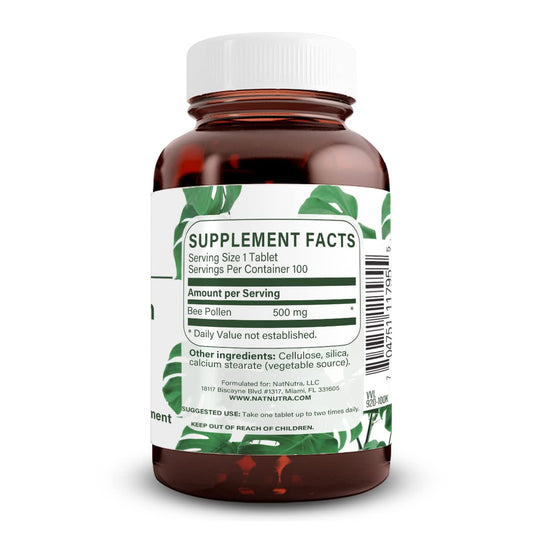 Natural Nutra Bee Pollen 500 mg bottle hero image highlighting premium supplement