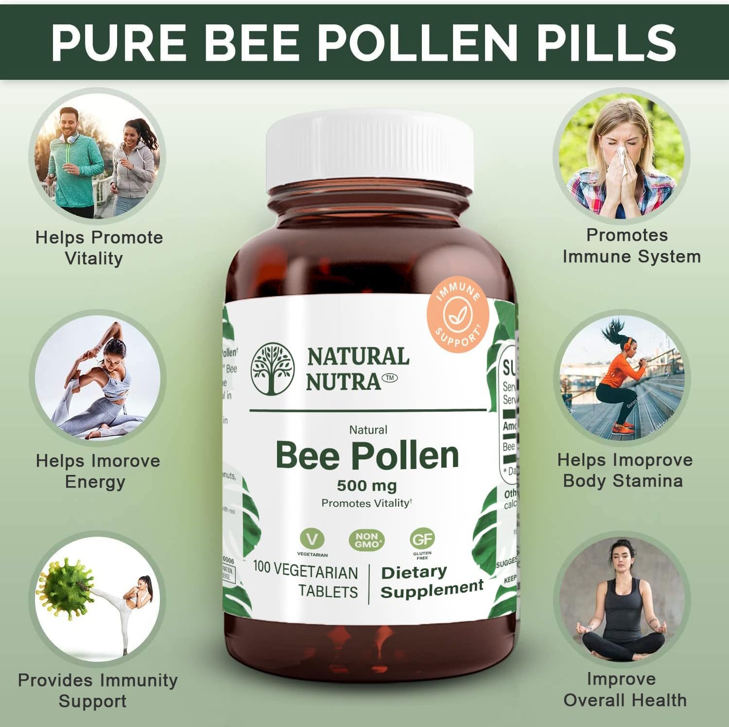 Natural Nutra Bee Pollen 500 mg label design with nutrition details