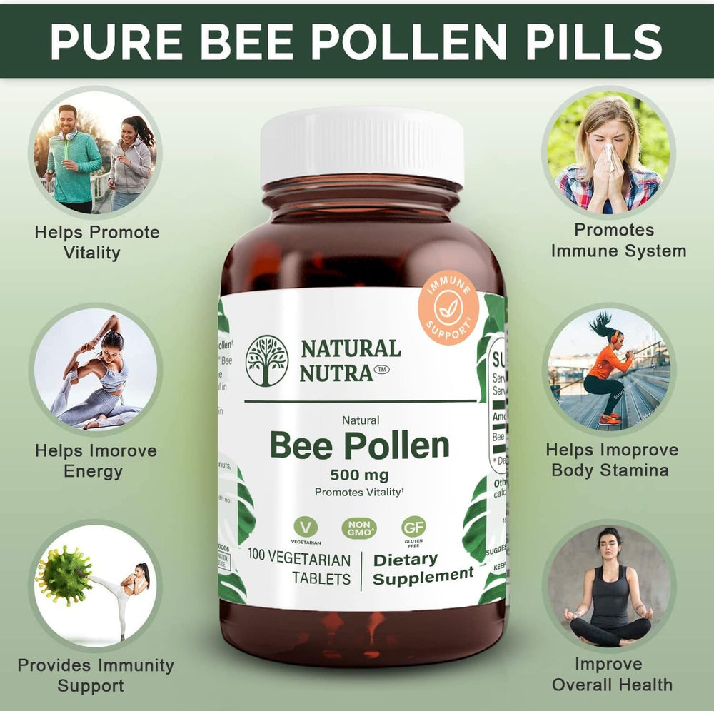 Natural Nutra Bee Pollen 500 mg label design with nutrition details