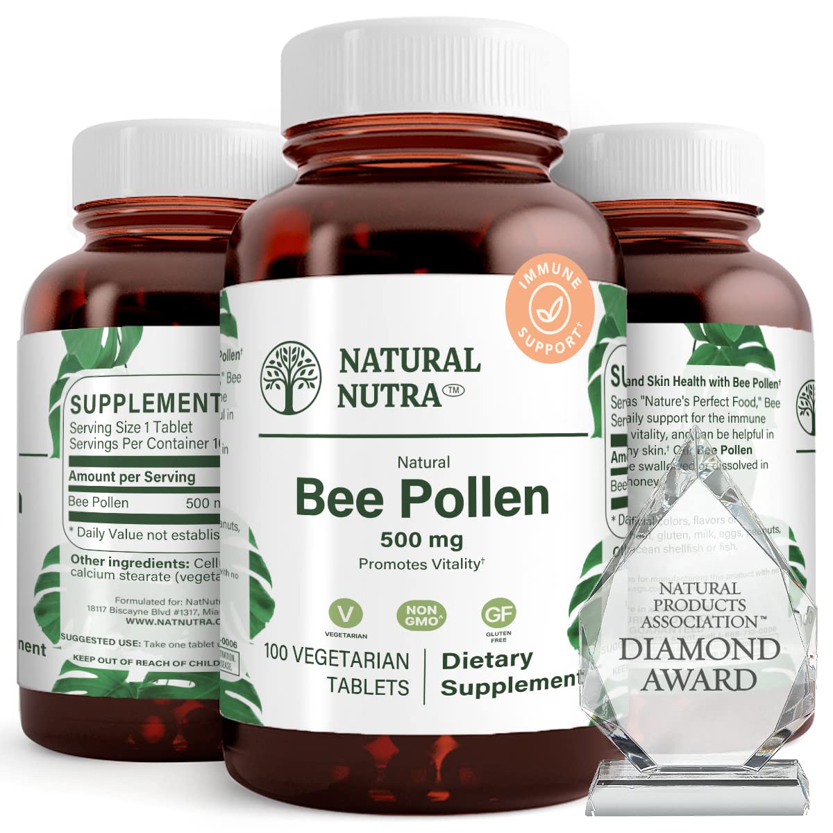 Natural Nutra Bee Pollen 500 mg tablets closeup for daily vitality and immune support