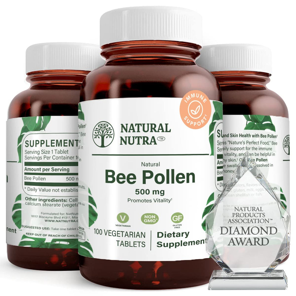 Natural Nutra Bee Pollen 500 mg tablets closeup for daily vitality and immune support