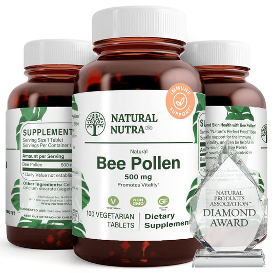 Natural Nutra Bee Pollen 500 mg tablets closeup for daily vitality and immune support
