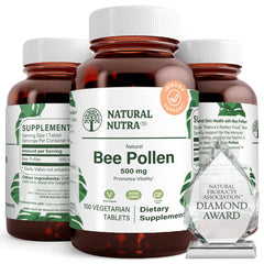 Natural Nutra Bee Pollen 500 mg tablets closeup for daily vitality and immune support