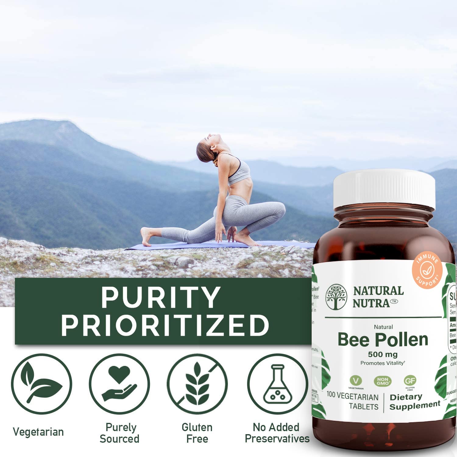 Natural Nutra Bee Pollen 500 mg tablets being poured for daily use