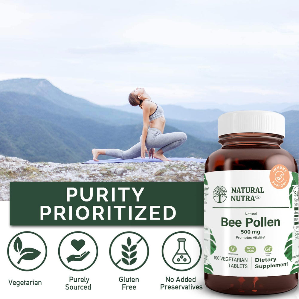 Natural Nutra Bee Pollen 500 mg tablets being poured for daily use