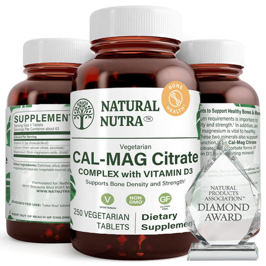 Natural Nutra Cal-Mag Citrate bottle on a clean counter, daily bone support in focus.