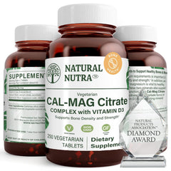 Natural Nutra Cal-Mag Citrate bottle on a clean counter, daily bone support in focus.