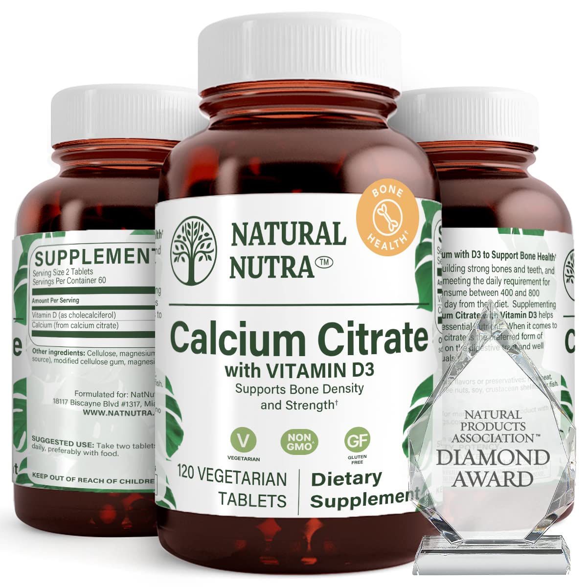 Natural Nutra Calcium Citrate D3 tablets in a bottle for strong bones.