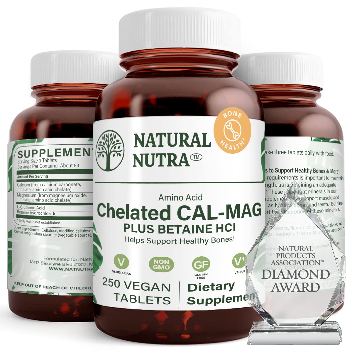 Natural Nutra chelated calcium magnesium bottle highlighting bone health support