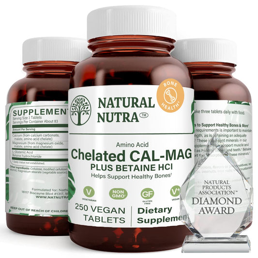 Natural Nutra chelated calcium magnesium bottle highlighting bone health support