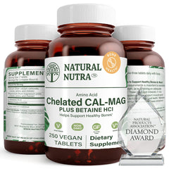 Natural Nutra chelated calcium magnesium bottle highlighting bone health support
