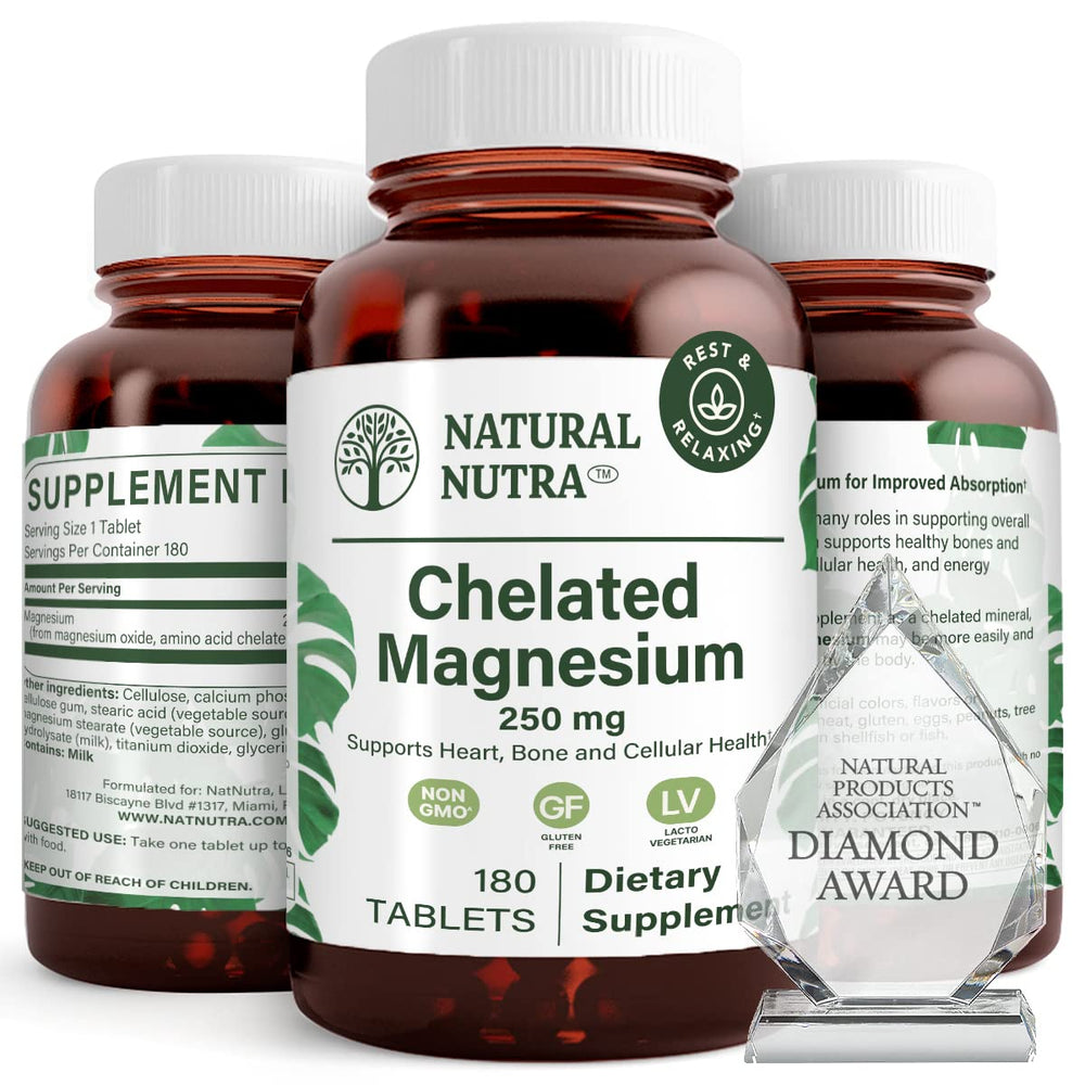 Natural Nutra chelated magnesium oxide bottle closeup showing high absorption formula.