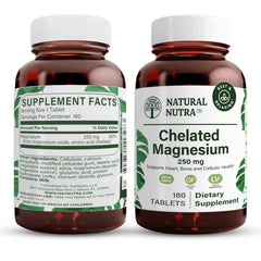 Natural Nutra chelated magnesium oxide tablets with 250 mg dose for daily energy.