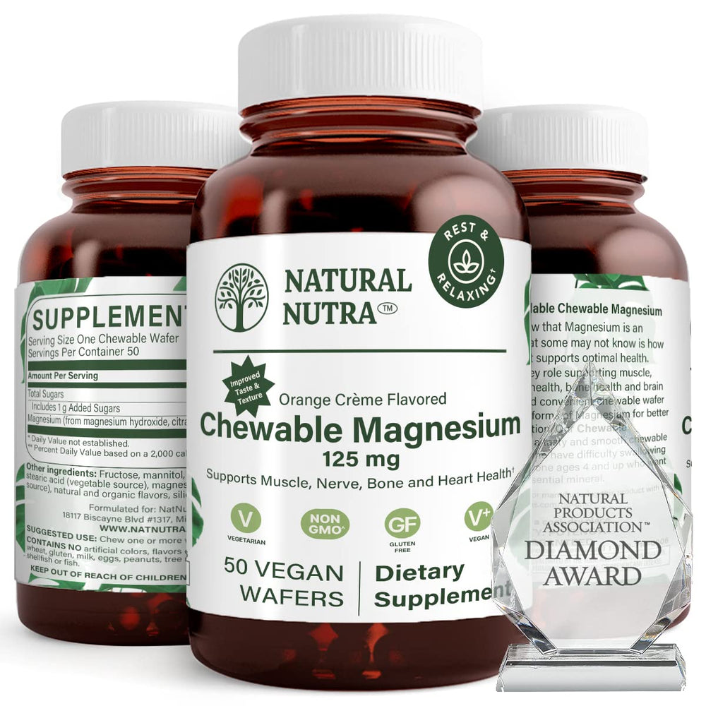 Natural Nutra magnesium bottle, convenient daily chewables for your routine.