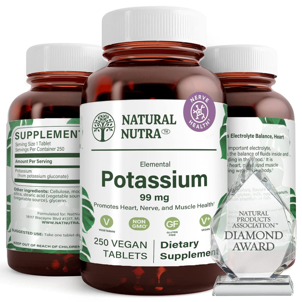 Natural Nutra Elemental Potassium Gluconate bottle in amber glass promotes purity and eco-friendly packaging.
