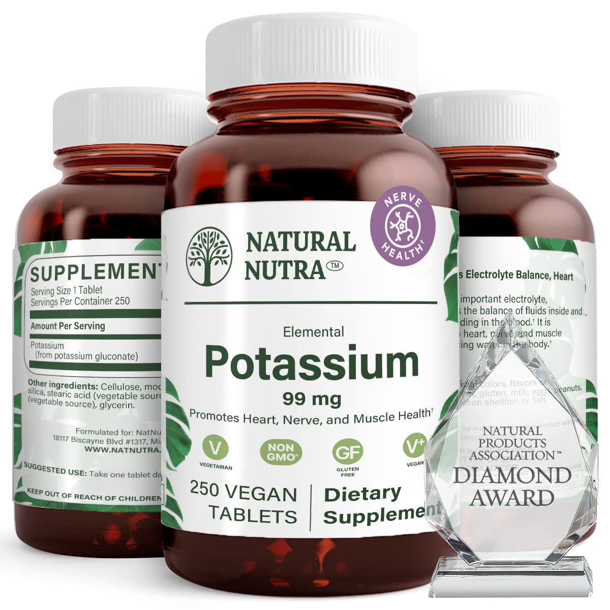 Natural Nutra Elemental Potassium Gluconate bottle in amber glass promotes purity and eco-friendly packaging.
