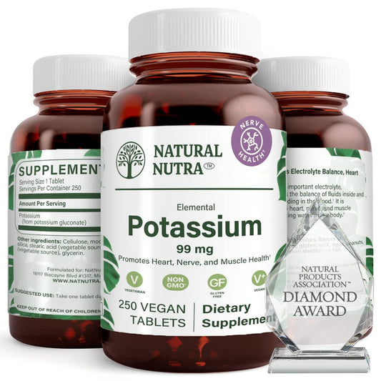 Natural Nutra Elemental Potassium Gluconate bottle in amber glass promotes purity and eco-friendly packaging.