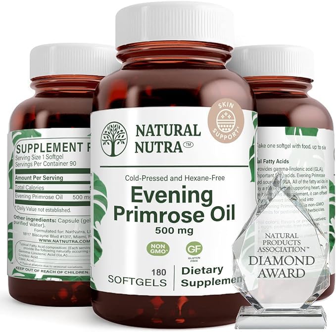 Natural Nutra Evening Primrose Oil softgel bottle showing skin clarity and heart health potential