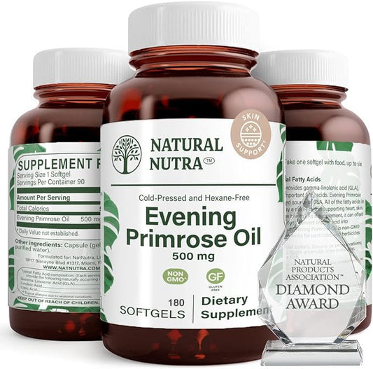Natural Nutra Evening Primrose Oil softgel bottle showing skin clarity and heart health potential