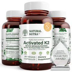 Natural Nutra full spectrum K2 capsules on white background highlighting bone health