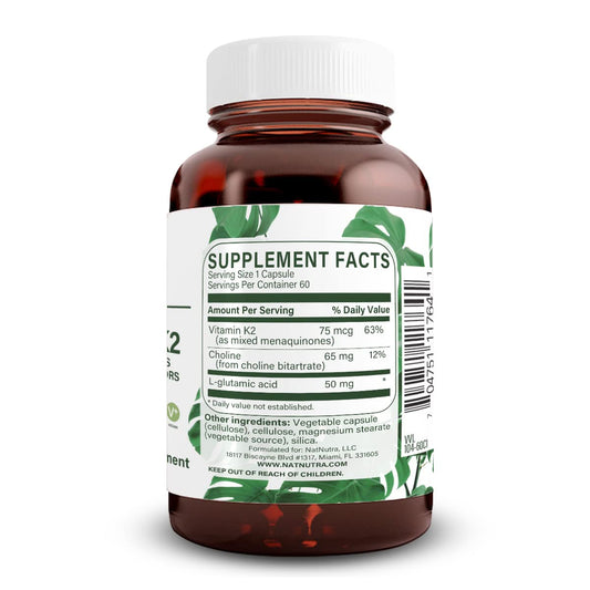 Natural Nutra full-spectrum K2 bottle back shows dosage for bone support