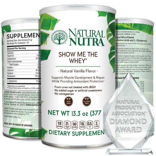 Natural Nutra grass-fed vanilla whey canister showcases premium protein for workouts.