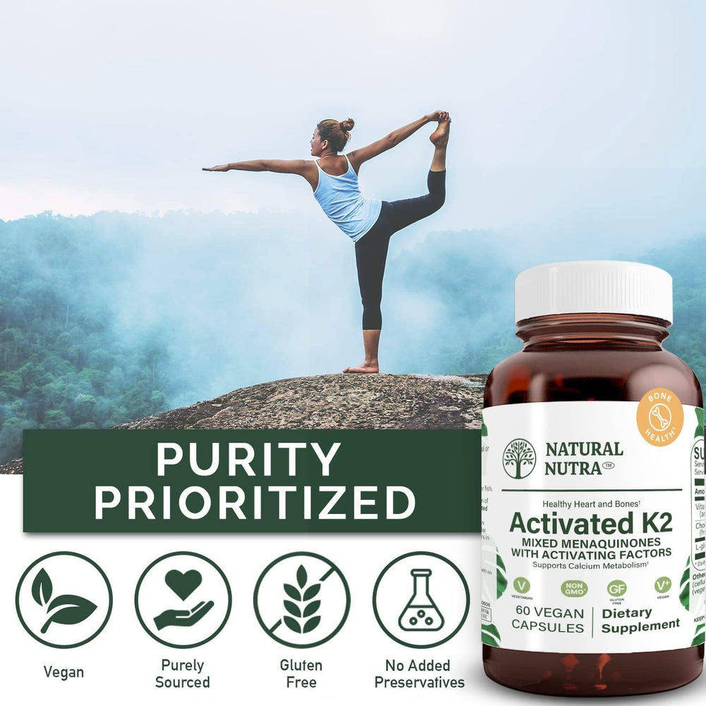 Natural Nutra K2 bottle beside bone friendly foods to suggest bone health