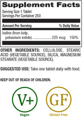 Natural Nutra Kelp iodine bottle label shows vegan, non-GMO formulation for wellness.
