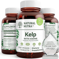 Natural Nutra Kelp iodine tablet close-up highlighting daily thyroid support potential.