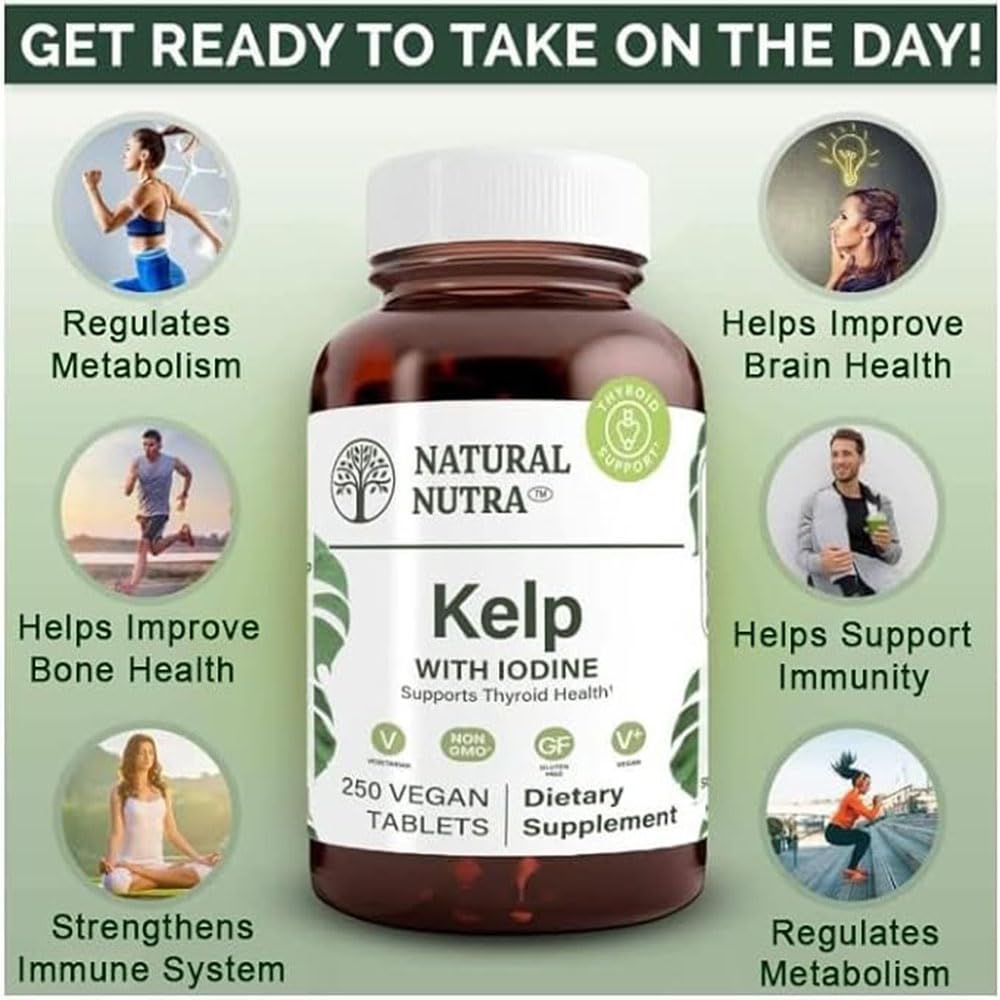 Natural Nutra Kelp iodine tablets being dispensed for easy daily use.