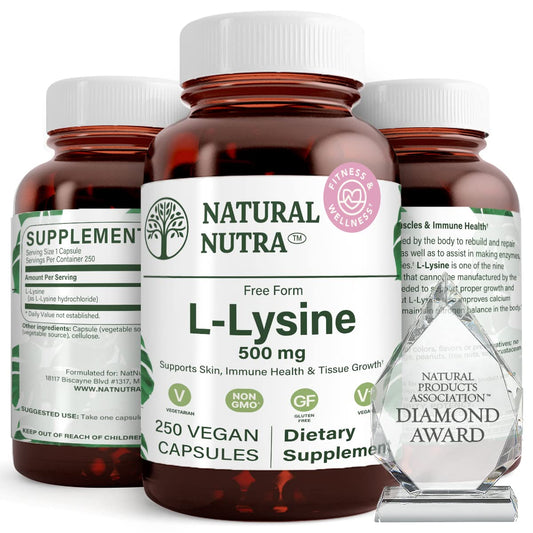 Natural Nutra L-Lysine HCl bottle in amber glass for bone support