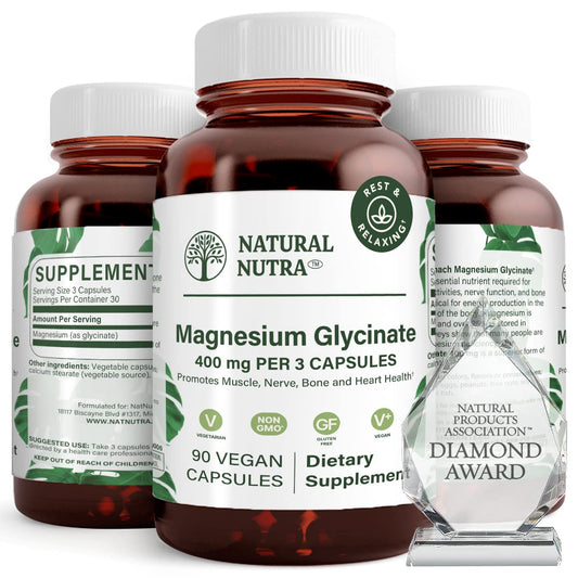 Natural Nutra Magnesium Glycinate 400 mg bottle with easy to swallow capsules.