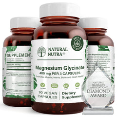 Natural Nutra Magnesium Glycinate 400 mg bottle with easy to swallow capsules.
