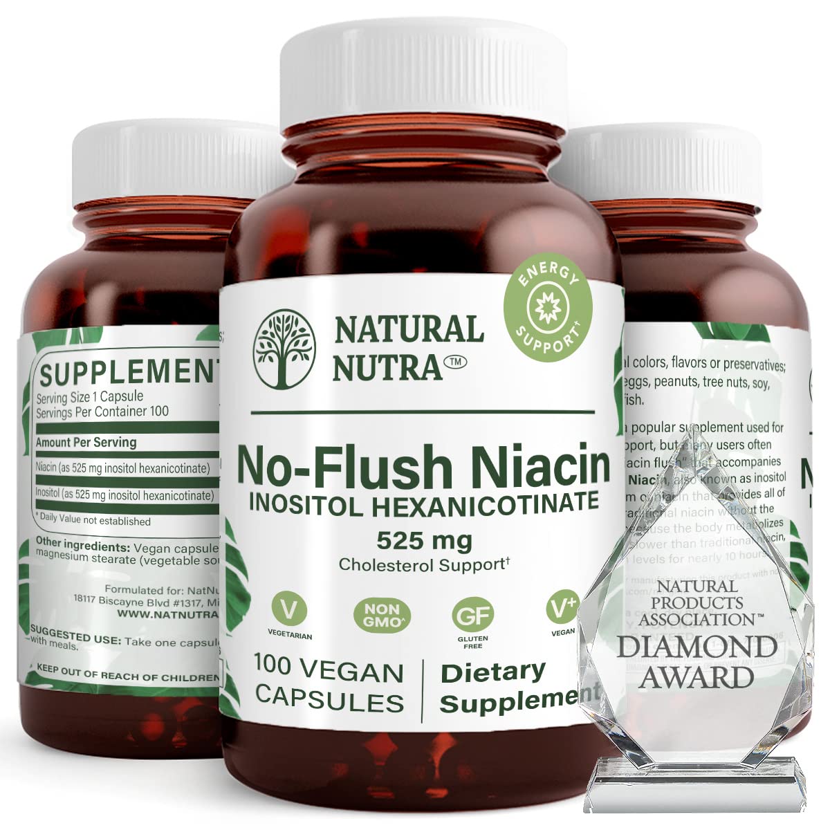 Natural Nutra No Flush Niacin bottle label showing 525 mg and vegan formula