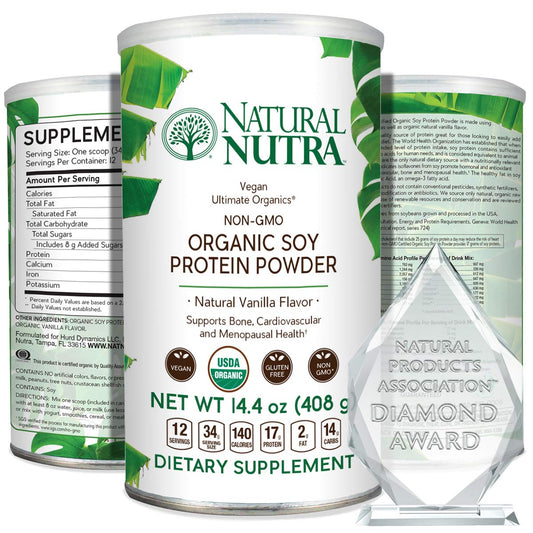 Natural Nutra Organic Soy Protein Powder vanilla tub for plant-based nutrition.