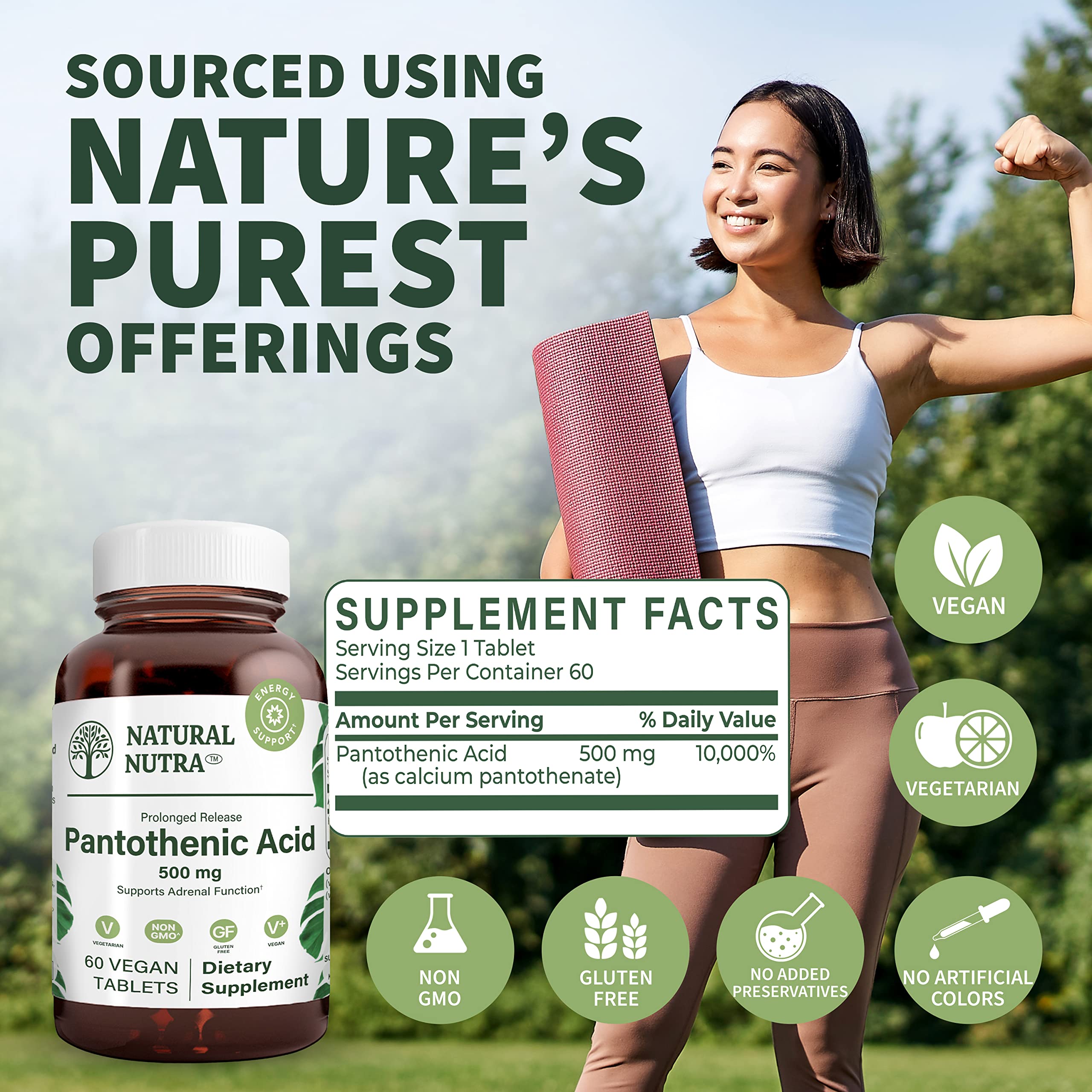 Natural Nutra Pantothenic Acid label detail communicates ingredients and purity.