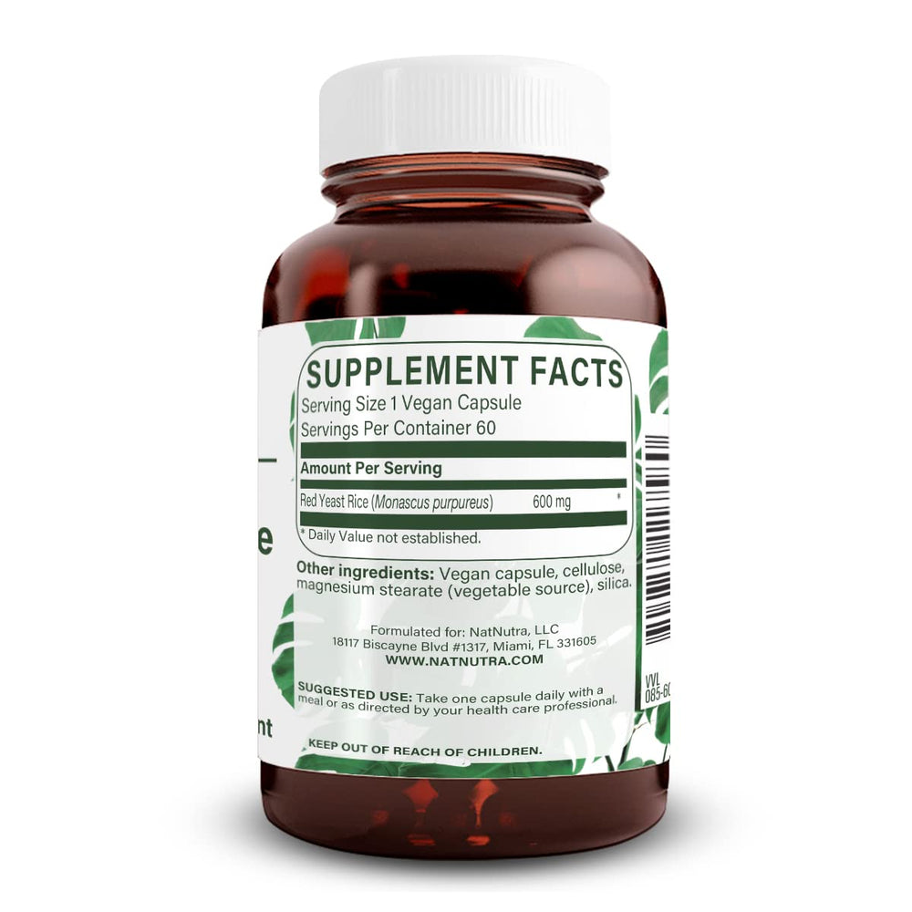 Natural Nutra Red Yeast Rice capsules inside a glass amber bottle